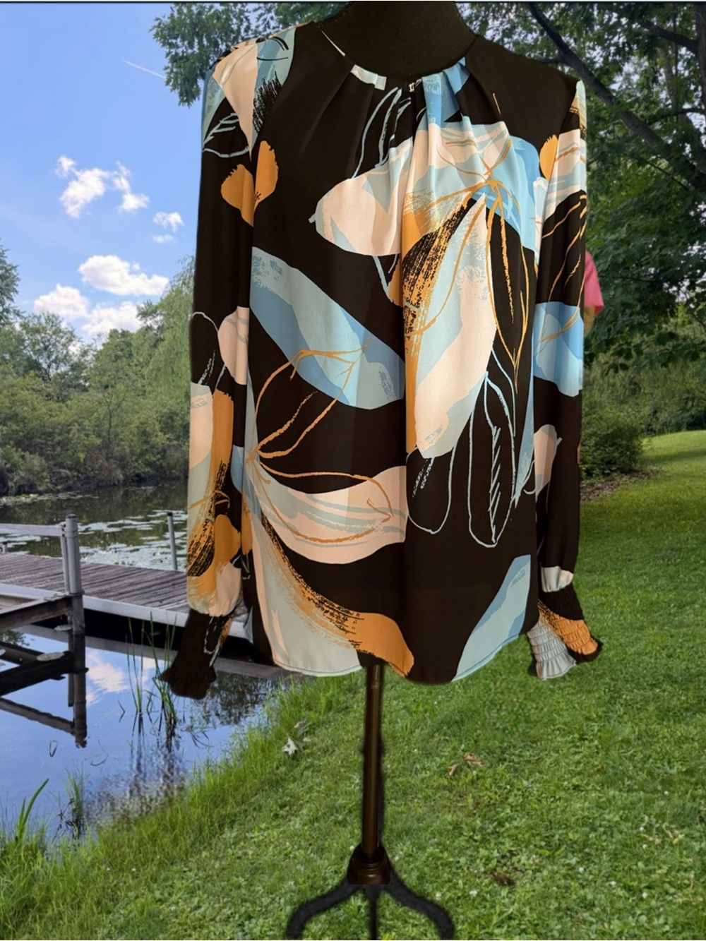 Black Floral Abstract Long-Sleeve Blouse with Blue & Tan Accents WORTHINGTON XL